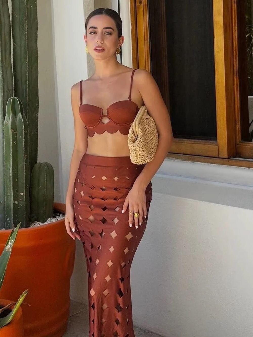Burnt Orange /Dark Coral  Laser-Cut Maxi Skirt — Sculpted High-Waist Style